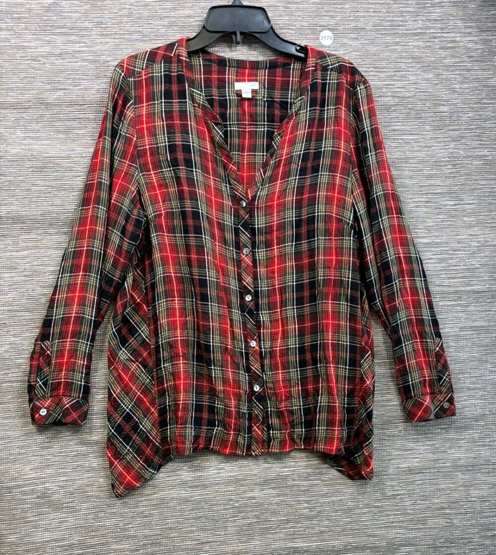 J Jill Button Up Plaid Blouse Womens Size L Red Green Long Sleeve V-Neck